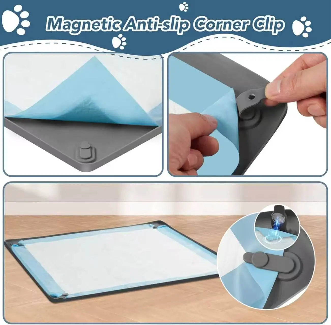 Foldable Dog Pee Pad Holder with Magnetic Clips and Raised Edges, Silicone Training Tray for Indoor Floor Protection