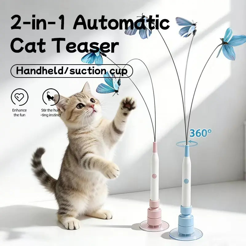 Automatic Interactive Cat Toy with 360° Spin & Random Jump, USB Rechargeable, Dual Play Modes (Self-Play + Handheld), Strong Suction Cup Base – Ideal for Indoor Cats and Kittens