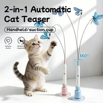 Automatic Interactive Cat Toy with 360° Spin & Random Jump, USB Rechargeable, Dual Play Modes (Self-Play + Handheld), Strong Suction Cup Base – Ideal for Indoor Cats and Kittens