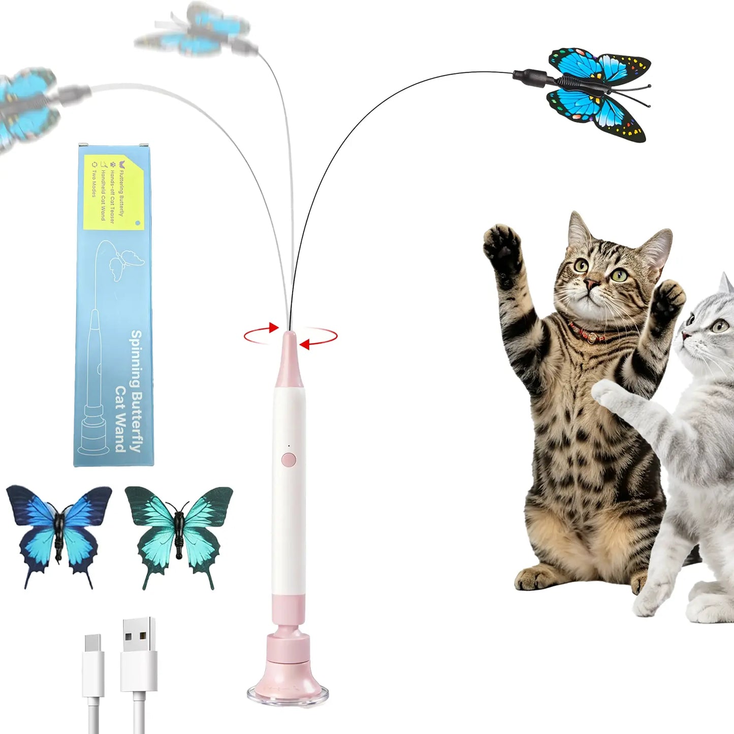 Automatic Interactive Cat Toy with 360° Spin & Random Jump, USB Rechargeable, Dual Play Modes (Self-Play + Handheld), Strong Suction Cup Base – Ideal for Indoor Cats and Kittens